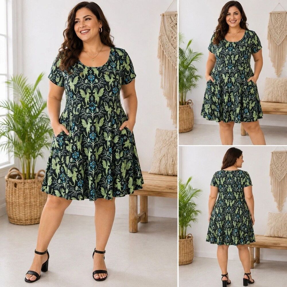 Svaha Dragons Damask Twirl Green Dress Pockets Organic Cotton Womens Sz L